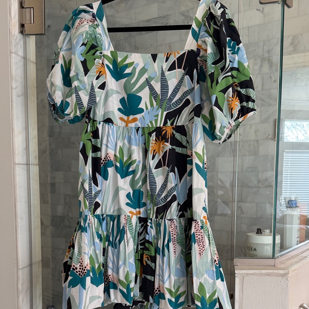 Oliphant Green and Blue Leaf Print Mini Dress